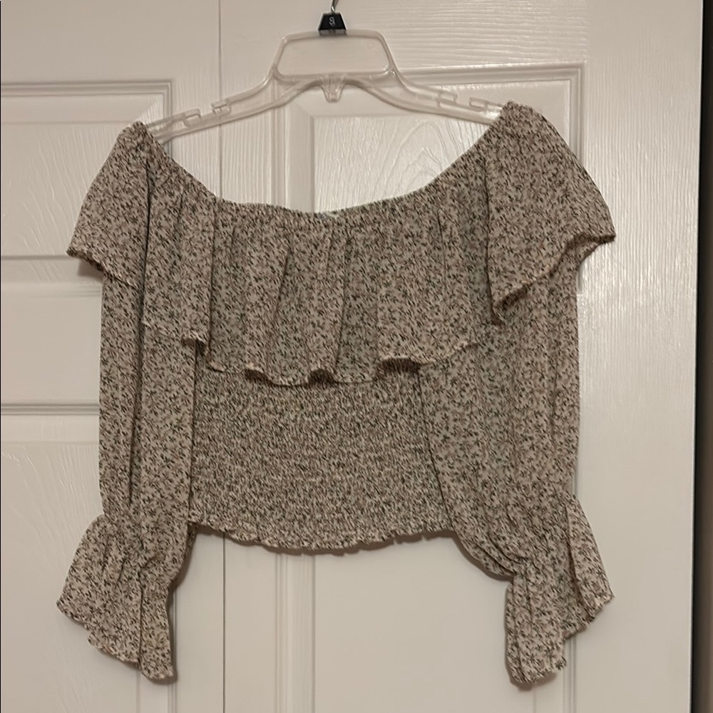 She + Sky Gray Ruffled Smocked Crop Blouse